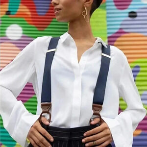 Suspenders 100% Navy Blue Silk Made in England Patent Leather Gold Hardware